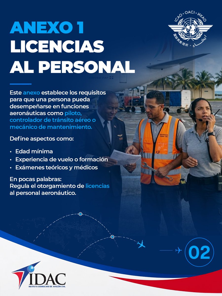 IDAC_RD's tweet photo. ✈️ Los primeros cinco anexos de la OACI establecen los lineamientos fundamentales para la seguridad y el orden de las operaciones aéreas a nivel mundial. https://t.co/zNEptBwRlu