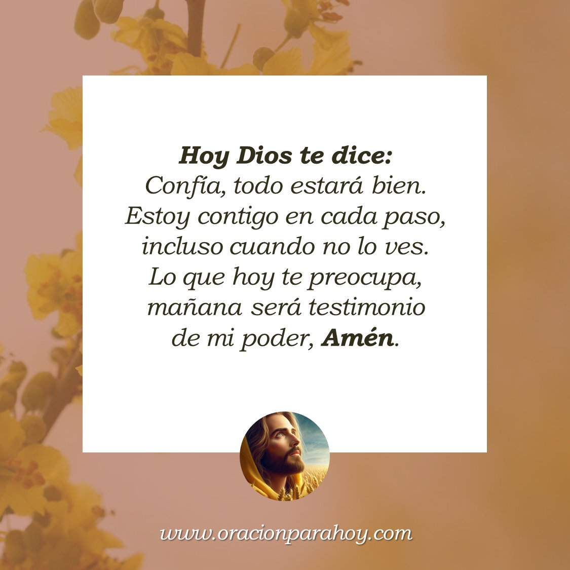 OracionParaHoy's tweet photo. DIOS TE DICE: CONFÍA, TODO ESTARÁ BIEN: Amado hijo, amada hija, yo cuido de ti en cada paso, incluso cuando no lo ves. Por favor no temas; deja tus necesidades y tus preocupaciones en mis manos y verás cómo obro a tu favor.

Mira este vídeo en: https://t.co/1E1fYKeClf ✨ https://t.co/R1B1p8LCao