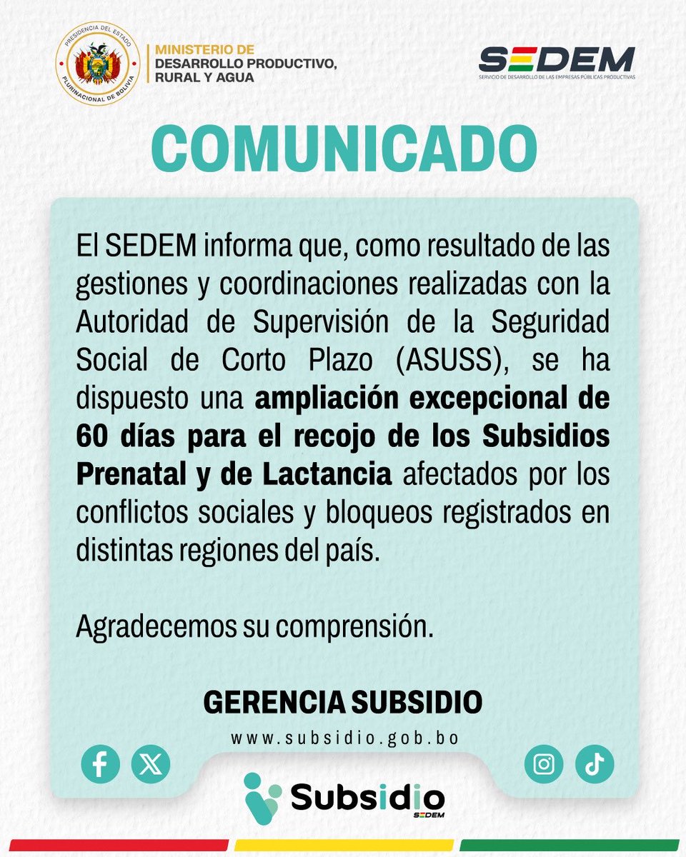 SubsidioSedem's tweet photo. 📢 COMUNICADO | 📢 Como resultado de las gestiones realizadas entre el SEDEM y la ASUSS, se amplía excepcionalmente por 60 días el plazo para el recojo de los Subsidios Prenatal y de Lactancia afectados por los conflictos sociales y bloqueos registrados. https://t.co/JJHdeCn988