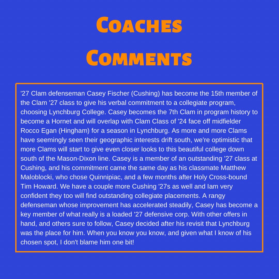 FightingClams's tweet photo. Congratulations to 2027 defenseman Casey Fischer on his commitment to Lynchburg College! https://t.co/kHMlgjEVYB