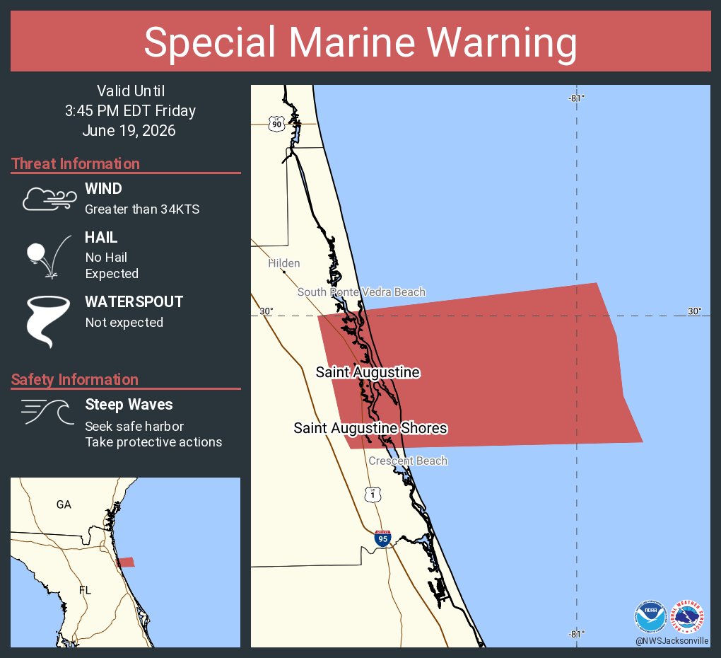 This graphic displays a special marine warning plotted on a map. The warning is in effect until 3:45 PM EDT. The warning includes coastal waters from Fernandina Beach to St. Augustine FL out 20 NM and coastal waters from St. Augustine to Flagler Beach FL out 20 NM. The threats associated with this warning are wind gusts greater than 34kts and no hail expected.Waterspouts are not expected. Steep waves can be expected. Seek safe harbor and take protective actions.