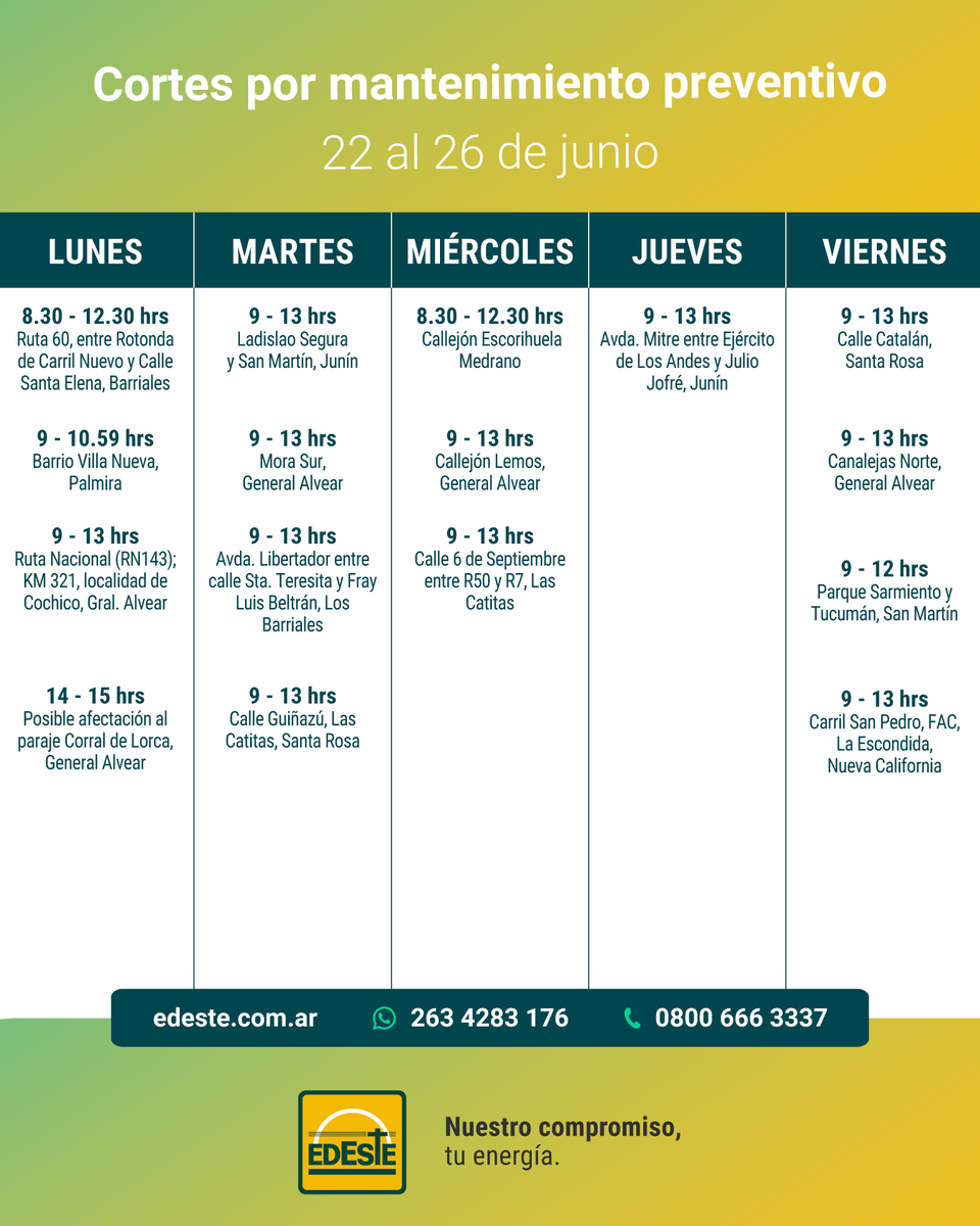 Edeste_mza's tweet photo. Buenas tardes! Les informamos los cortes programados para la semana que viene por razones de mantenimiento y mejoras del servicio ⚡️⚡️⚡️ https://t.co/8SJKiwA3hn
