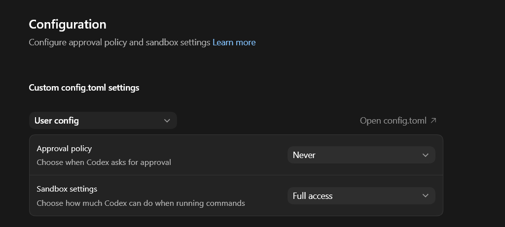 RohanJS1's tweet photo. @RohanSudo @thsottiaux go to settings -> configuration and change sandbox settings to full access and approval policy to never https://t.co/iK5MbVSKQk