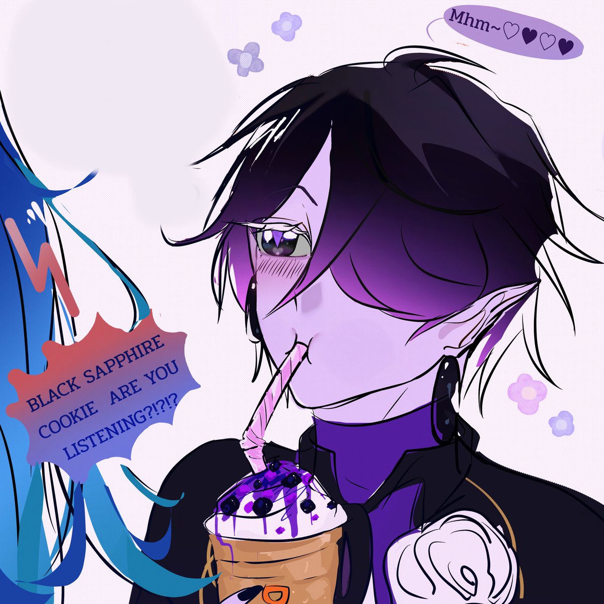 HalfAlive1234's tweet photo. Is he listening?  He's focused on the dunkin donut drink ♥︎ 

"You seem entirely focused on this... Thing? Why?" 
"Its too delicious  ♥︎"

Older doodles as well. Especially the last drawing 💔🫩🫩
#shadowsapphire #cookierunkingdom #fyp #cute https://t.co/uWEMnqt81V