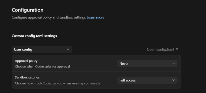 RohanJS1's tweet photo. @XueminChi94 @RohanSudo @thsottiaux go to settings -> configuration and change sandbox settings to full access and approval policy to never https://t.co/eMUbmorxBC