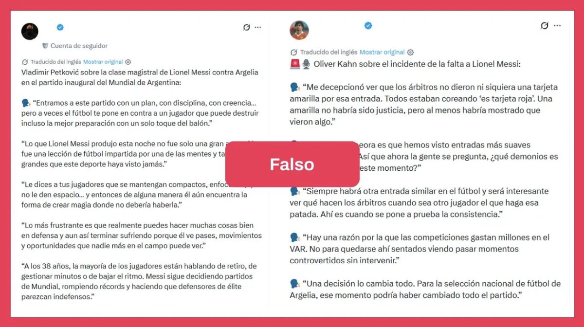 Chequeado's tweet photo. [NUEVO] Cuidado con estas citas falsas sobre Lionel Messi que son atribuidas a futbolistas y técnicos durante el Mundial 2026

👉 En redes sociales circulan supuestas declaraciones sobre el capitán de la Selección argentina atribuidas a futbolistas y entrenadores que participan del Mundial 2026. Sin embargo, las frases son falsas.

👉 Chequeado verificó que muchas de estas citas ficticias son difundidas por cuentas verificadas de X identificadas como “Cuenta de seguidor” o “Cuenta de comentarios”, perfiles orientados a consumir contenido o generar interacción mediante respuestas.