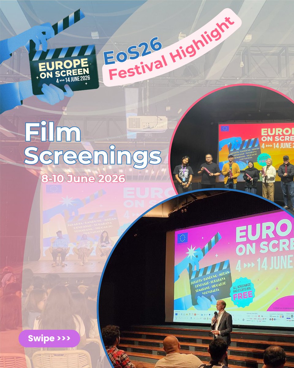 EuropeonScreen's tweet photo. #EoS26 Recap: 8-10 June 2026 in Jakarta and other cities 🤩🎬🍿

#FilmFestival #FilmScreening #EuropeanCinema #PemutaranFilm https://t.co/AHaSSksQh4