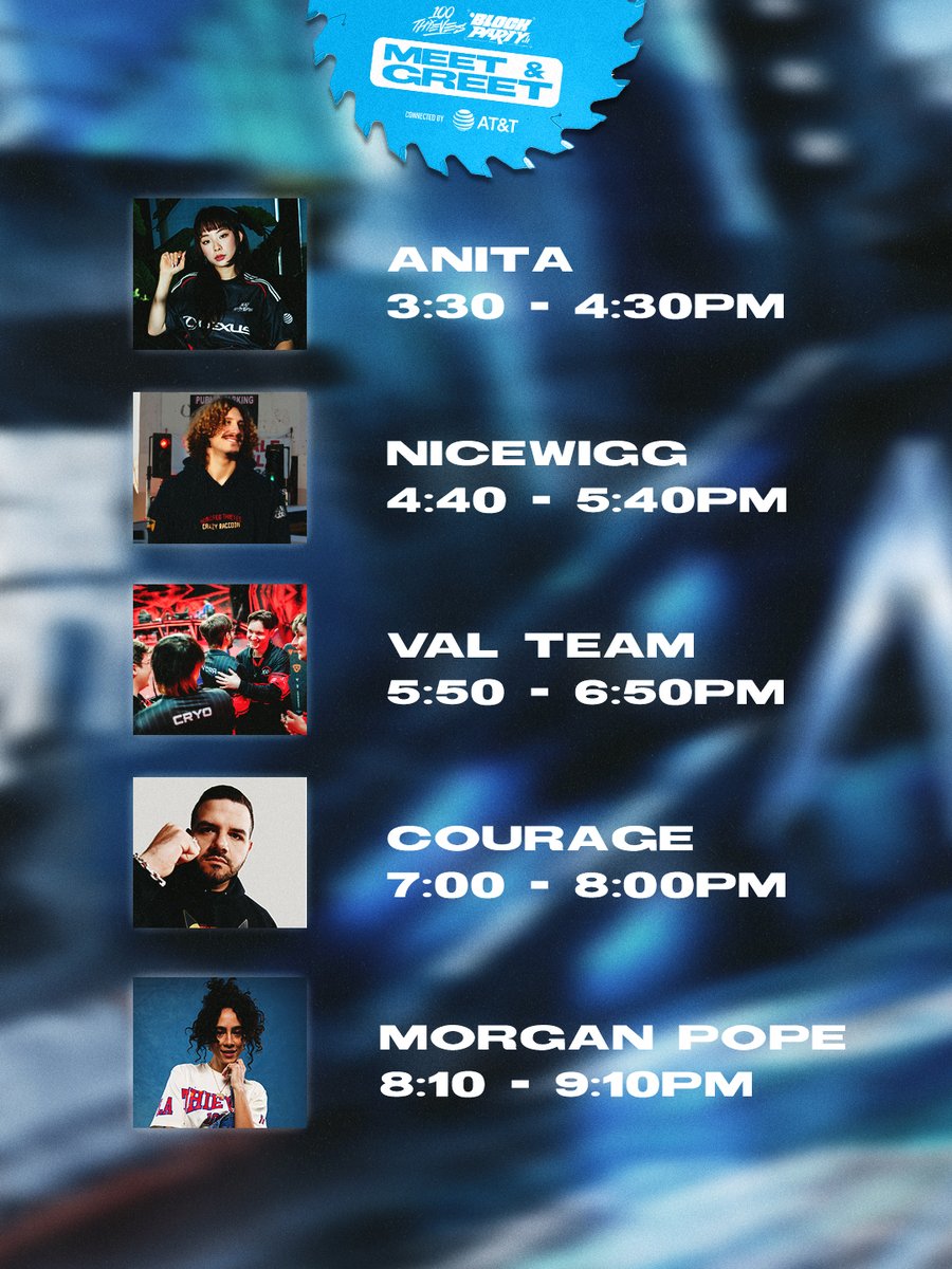 100Thieves's tweet photo. AT&amp;T returns for Summer Block Party ‘26

Step into the RoboKeeper Challenge Arena and put your soccer skills to the test ⚽️

Plus, meet your favorite creators, including @CouRageJD, @NiceWigg, @100T_VAL, @pipluptiny, and @_modelmorg, at the @ATT Meet &amp; Greet.

See you there 👀 https://t.co/RXbUT7YbfD