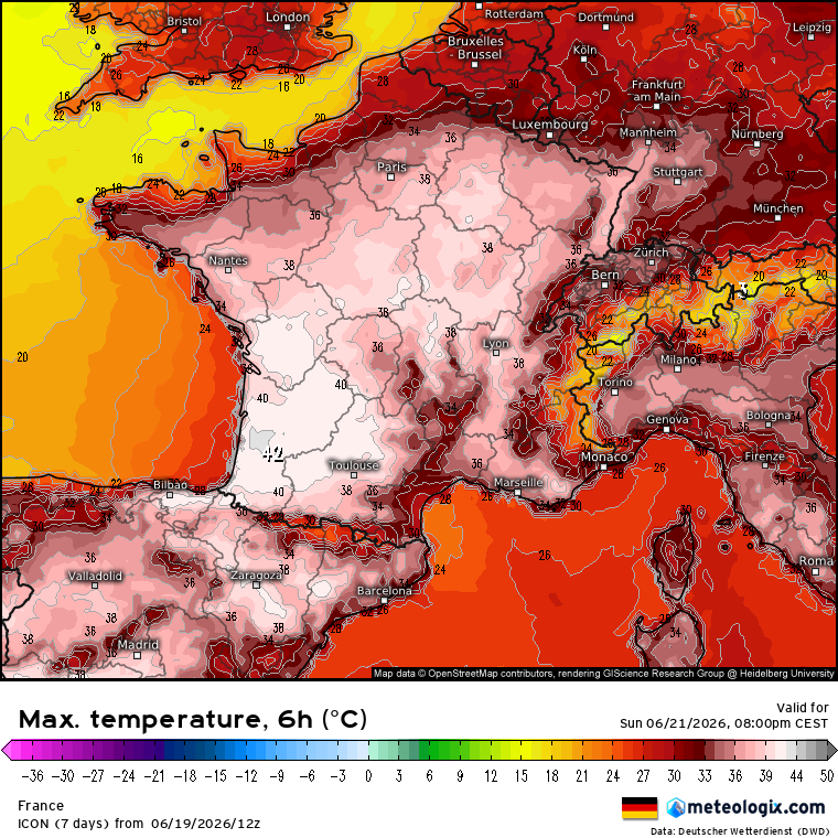 meteometeorito's tweet photo. La ola de calor será especialmente preocupante en Francia, pues los valores podrían superar los 40º en amplias zonas y prácticamente durante una semana entera, lo cual es totalmente excepcional. Ejemplo del modelo ICON. https://t.co/vOQHbWJL7y