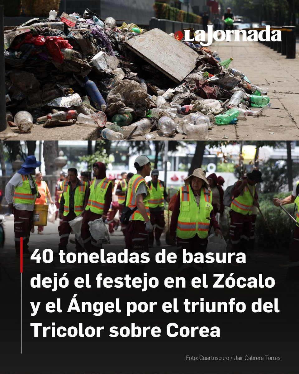 lajornadaonline's tweet photo. El Gobierno de la Ciudad de México desplegó un operativo especial de limpieza en el Zócalo y el Ángel de la Independencia tras los festejos ciudadanos por el triunfo de la selección mexicana de fútbol, los cuales generaron una acumulación de 40 toneladas de basura.

Un contingente de 360 trabajadores de la Secretaría de Obras y Servicios (Sobse) intervino los principales puntos de concentración de la capital para retirar los desechos y realizar el lavado de superficies. Las autoridades informaron que, debido a la alta afluencia de personas a estos sitios emblemáticos, se priorizó la atención inmediata en Paseo de la Reforma para mitigar el impacto ambiental y restaurar la imagen urbana de la avenida.

Más información en: https://t.co/WtxEaesoZB