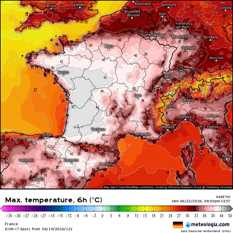 meteometeorito's tweet photo. La ola de calor será especialmente preocupante en Francia, pues los valores podrían superar los 40º en amplias zonas y prácticamente durante una semana entera, lo cual es totalmente excepcional. Ejemplo del modelo ICON. https://t.co/vOQHbWJL7y