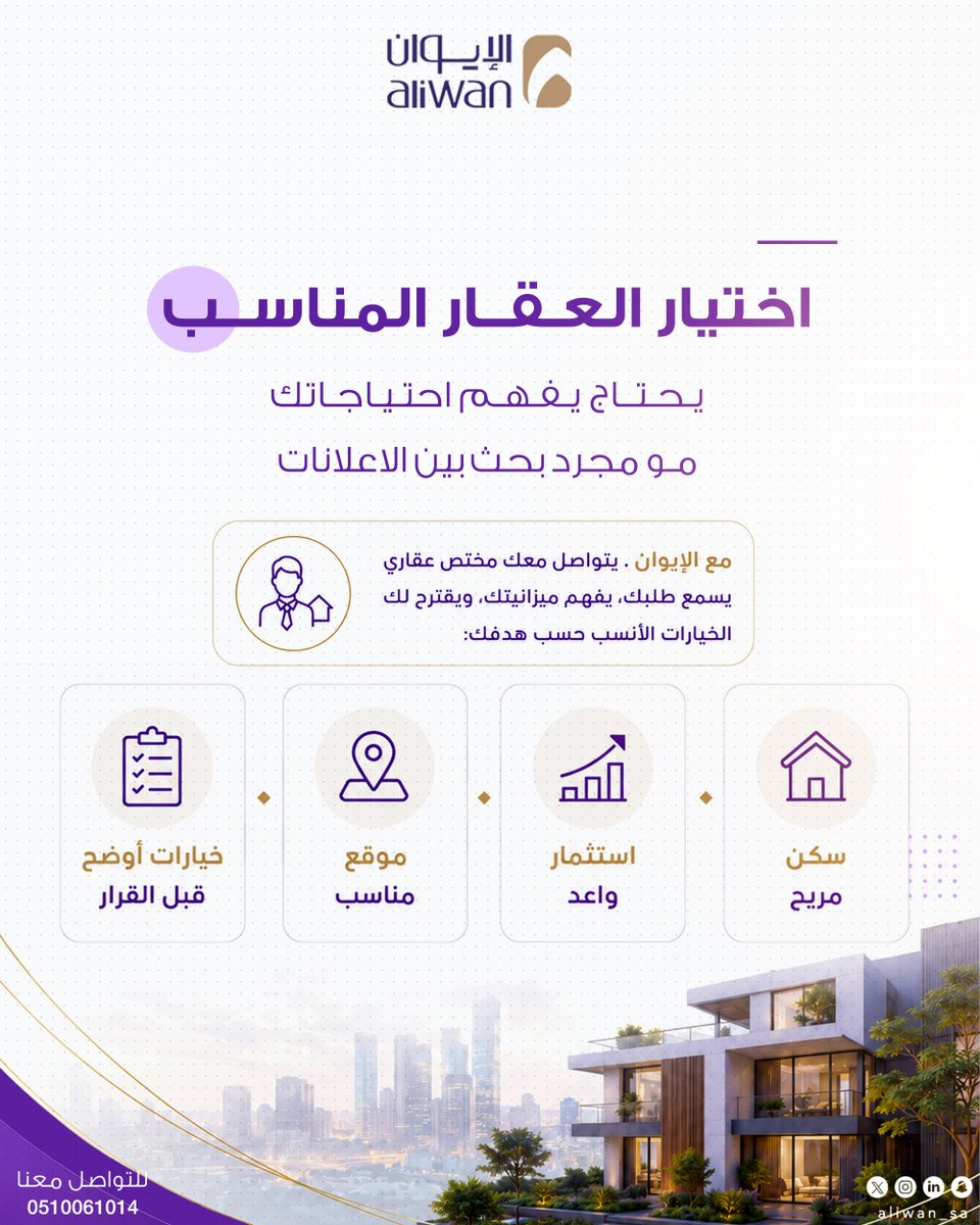 aliwan_sa's tweet photo. اختيار العقار المناسب مو مجرد بحث بين الإعلانات 🏡

مع الإيوان ، مختص عقاري يفهم احتياجك وميزانيتك
ويقترح لك الخيارات الأنسب حسب هدفك :

✔️ سكن مريح
✔️ استثمار واعد
✔️ موقع مناسب
✔️ قرار أوضح
📞 0510061014
🌐 https://t.co/exduk3HT3b
#الإيوان #عقارات #استثمار_عقاري #شراء_عقار https://t.co/XHe8x8LzHz