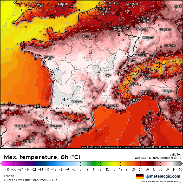 meteometeorito's tweet photo. La ola de calor será especialmente preocupante en Francia, pues los valores podrían superar los 40º en amplias zonas y prácticamente durante una semana entera, lo cual es totalmente excepcional. Ejemplo del modelo ICON. https://t.co/vOQHbWJL7y
