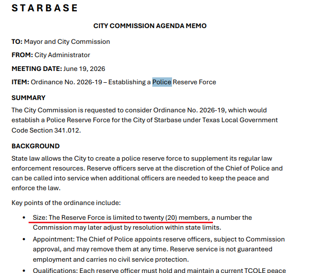 CowboyDanPaasch's tweet photo. Item on tonite's city of #starbase council meet agenda. This is in addition to their soon to go online regular police force. #StarbaseTX #SpaceX
https://t.co/j3jNnPW6PS https://t.co/Rx7whyJmkR