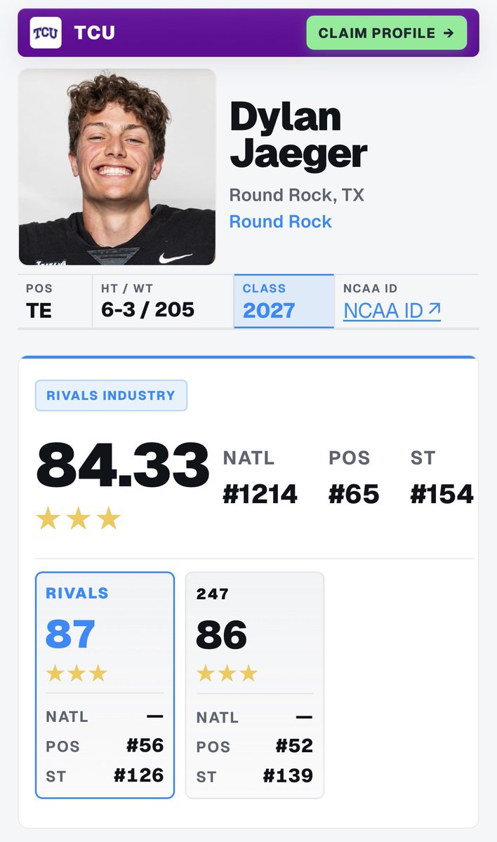 DylanJaeger2027's tweet photo. Grateful to be rated a 3⭐️ by @Rivals and @247Sports https://t.co/2Z4nKVLB9U