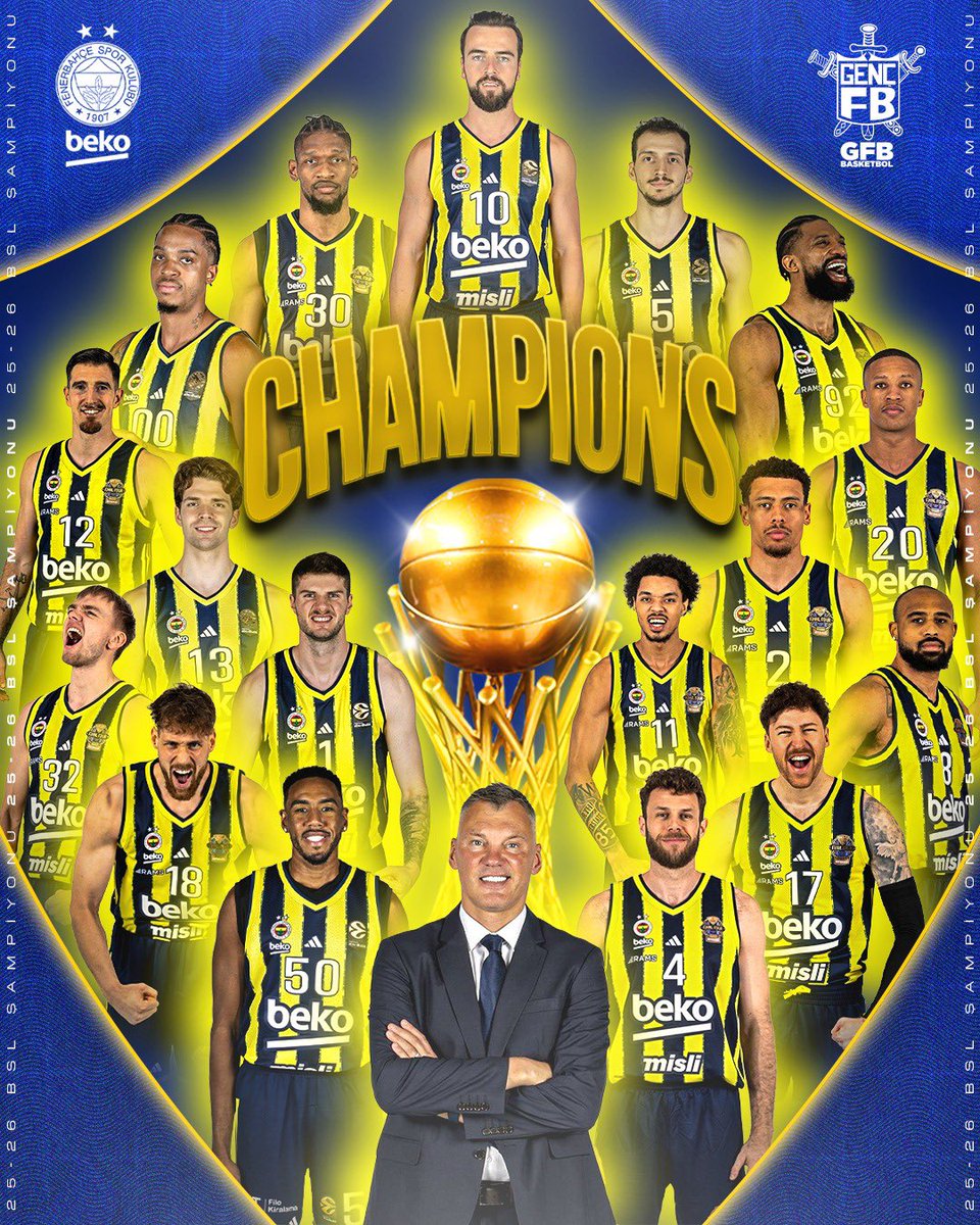 gencfborg's tweet photo. ŞAAAAAMMMPİYOOOOOOOOON! 🏆 

Üst Üste 3. Kez ŞAMPİYON FENERBAHÇE! 👏🏻 

Türk Basketbolunun Lokomotifi Fenerbahçe'miz, Türkiye Sigorta BSL Final serisinde Beşiktaş Gain'i seride 3-1 mağlup ederek 13. kez Basketbol Süper Ligi şampiyonu oluyor.

Tebrikler Fenerbahçe Beko!

#GFBBasketbol
