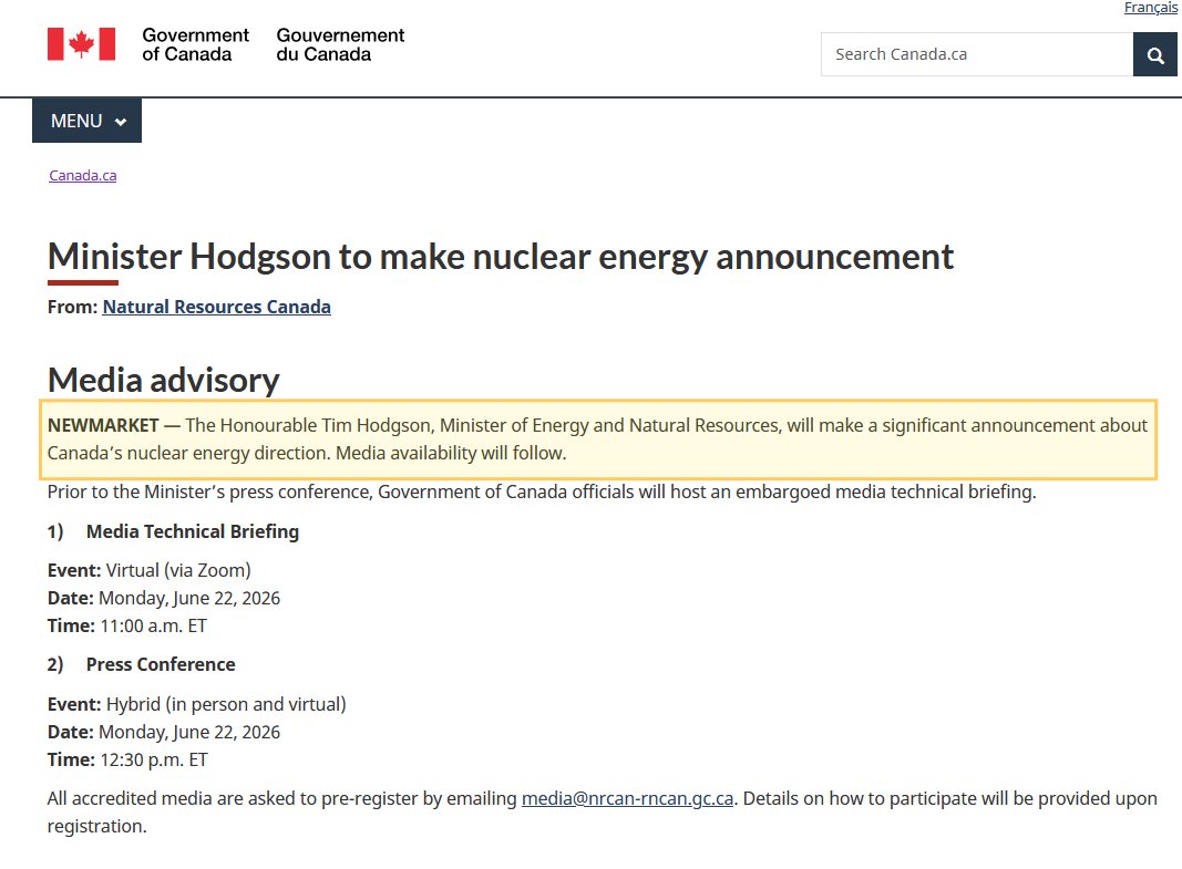 quakes99's tweet photo. ‼️Is #Canada about to make even bigger investments in new #Nuclear power plants💰⚛️🏗️👷🇨🇦 as the G7 leader in building Small Modular Reactors fueled by world's highest-grade #Uranium deposits?⛽️⛏️ Tune in Monday, June 22nd, for a major announcement!📰👀🤠🐂https://t.co/30prcNvi9z https://t.co/k3HAdaefOg