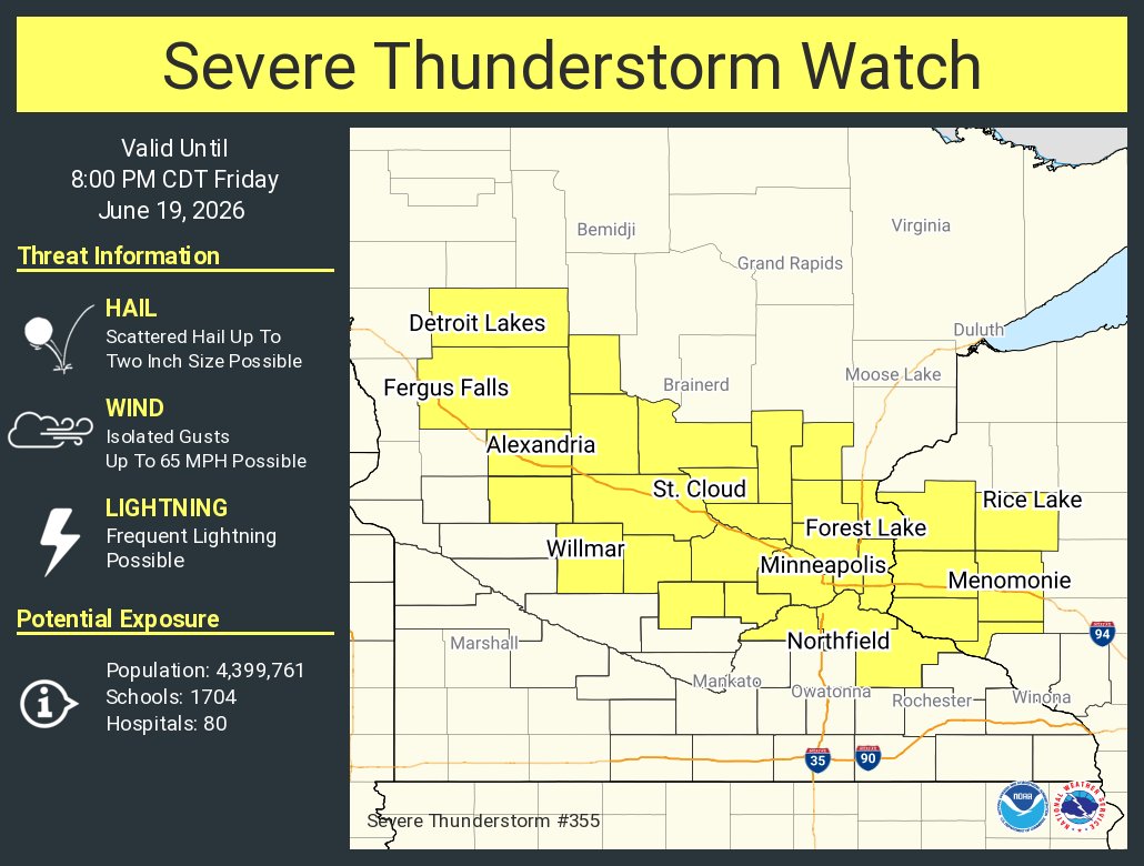 NWSGrandForks's tweet photo. A severe thunderstorm watch has been issued for parts of Minnesota and Wisconsin until 8 PM CDT https://t.co/FZSwtEhsJD