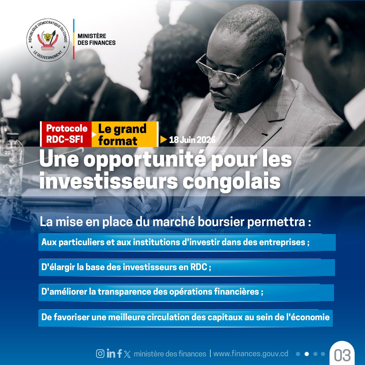 financesrdc's tweet photo. RDC : le Gouvernement et la SFI renforcent leur partenariat pour la mise en place de la Bourse de Kinshasa

Le ministre des Finances, Doudou Fwamba Likunde Li-Botayi, a signé à Kinshasa un protocole de coopération avec  la Société financière internationale (SFI)⁠, institution membre du Groupe Banque mondiale, afin d’accompagner le développement de la future Bourse de Kinshasa.

Ce partenariat vise notamment à accélérer la mise en place du marché financier congolais à travers le renforcement du cadre réglementaire, le développement des infrastructures boursières, la formation des acteurs du marché et l’accompagnement des premières opérations financières.

Portée sous l’impulsion du Président de la République, Félix Antoine Tshisekedi Tshilombo, cette réforme stratégique devrait permettre de mobiliser davantage d’investissements, d’élargir les sources de financement des entreprises, de renforcer la transparence économique et d’offrir aux Congolais l’opportunité de participer directement au financement de l’économie nationale à travers la future Kinshasa Stock Exchange (KSE).