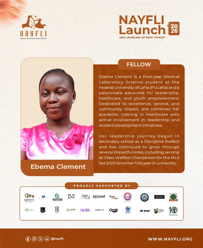 Nayfli2023's tweet photo. Ebema Clement is a final-year Medical Laboratory Science student at the Federal University of Lafia (FULafia) and a passionate advocate for leadership, healthcare, and youth empowerment. Dedicated to excellence, service, and community impact, https://t.co/YzLoFwanJT