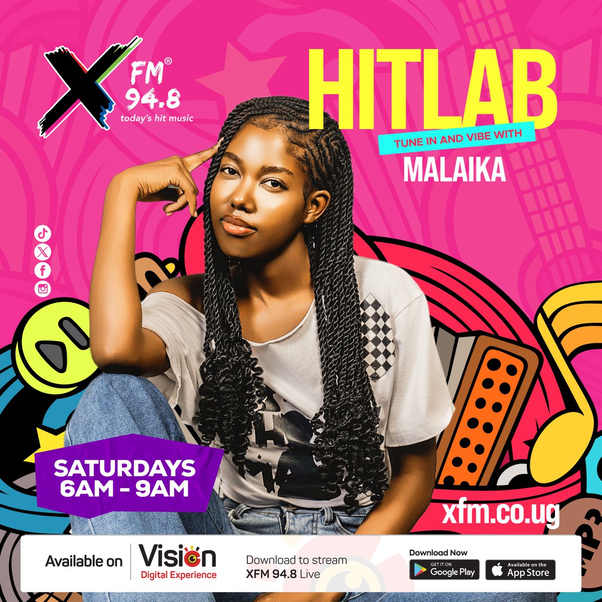 XfmUG's tweet photo. Your Saturdays just got louder! Tune in to #HITLAB with @aikaburahenda every Saturday from 6 AM–9 AM on 94.8 XFM for fresh hits, good vibes, and endless energy. 

#TodaysHitMusic https://t.co/3igrROnMCJ