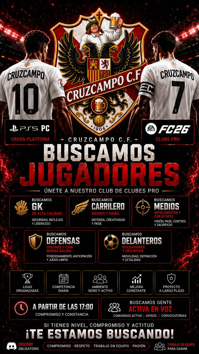 FCCruzcampo's tweet photo. ¡RECLUTAMIENTO PARA CLUBES PRO! 

Arrancamos un nuevo proyecto en #EAFC26 con el objetivo de crecer desde abajo y llegar a lo más alto. 

Buscamos todas las posiciones

Si quieres pasar las pruebas, ¡déjanos un comentario con tu posición o por DM!

#ProClubs #EAClubesPro https://t.co/pGjWMcCiA1