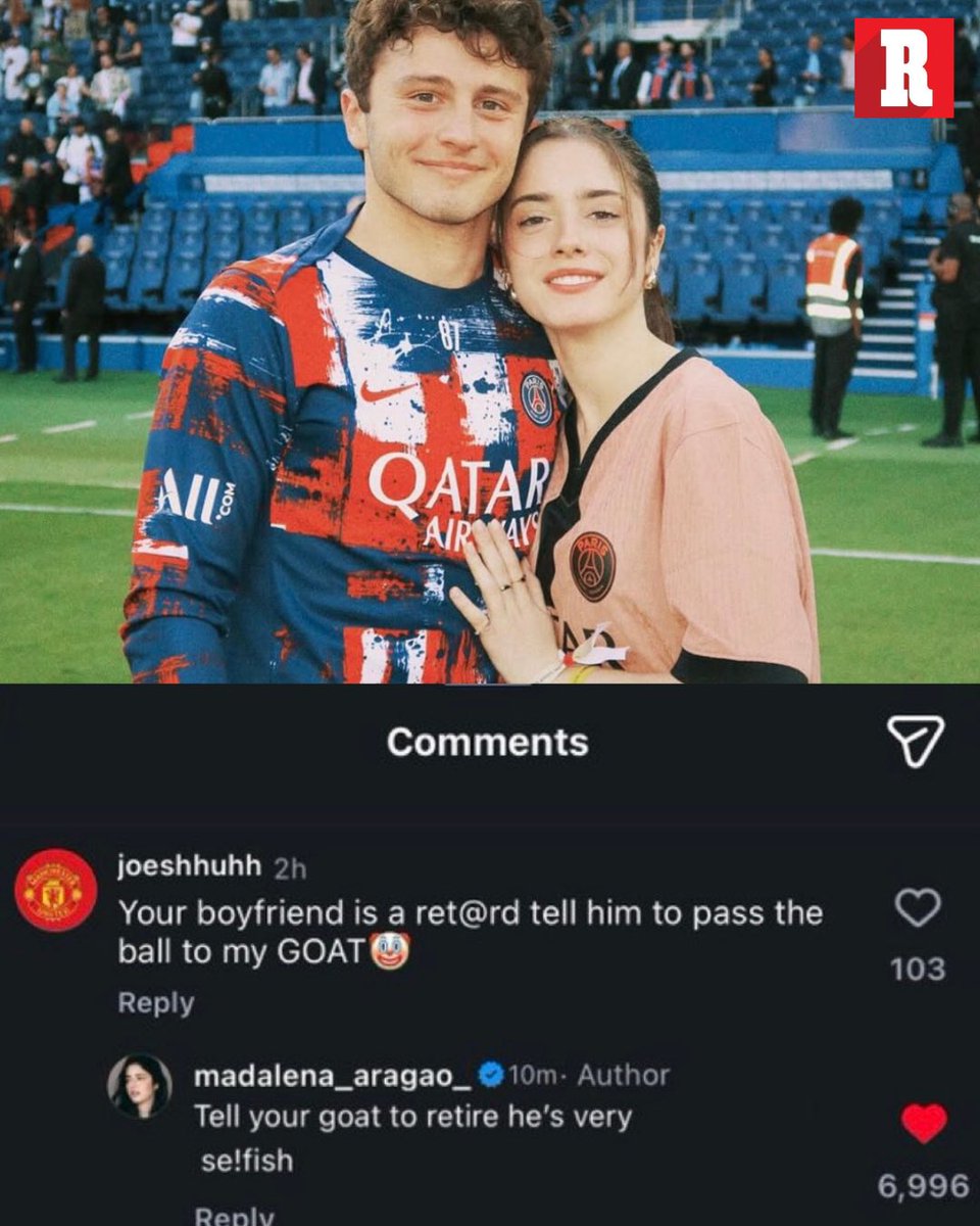 record_mexico's tweet photo. TODO POR CRISTIANO 😳

“Tu novio es un retrasado, dile que le pase la pelota a mi GOAT”, le escribió un aficionado a Madalena Aragão, novia de João Neves.

Ella no se quedó callada y respondió: “Dile a tu cabra que se retire, es muy egoísta”. 👀 https://t.co/22skiy6Ljw