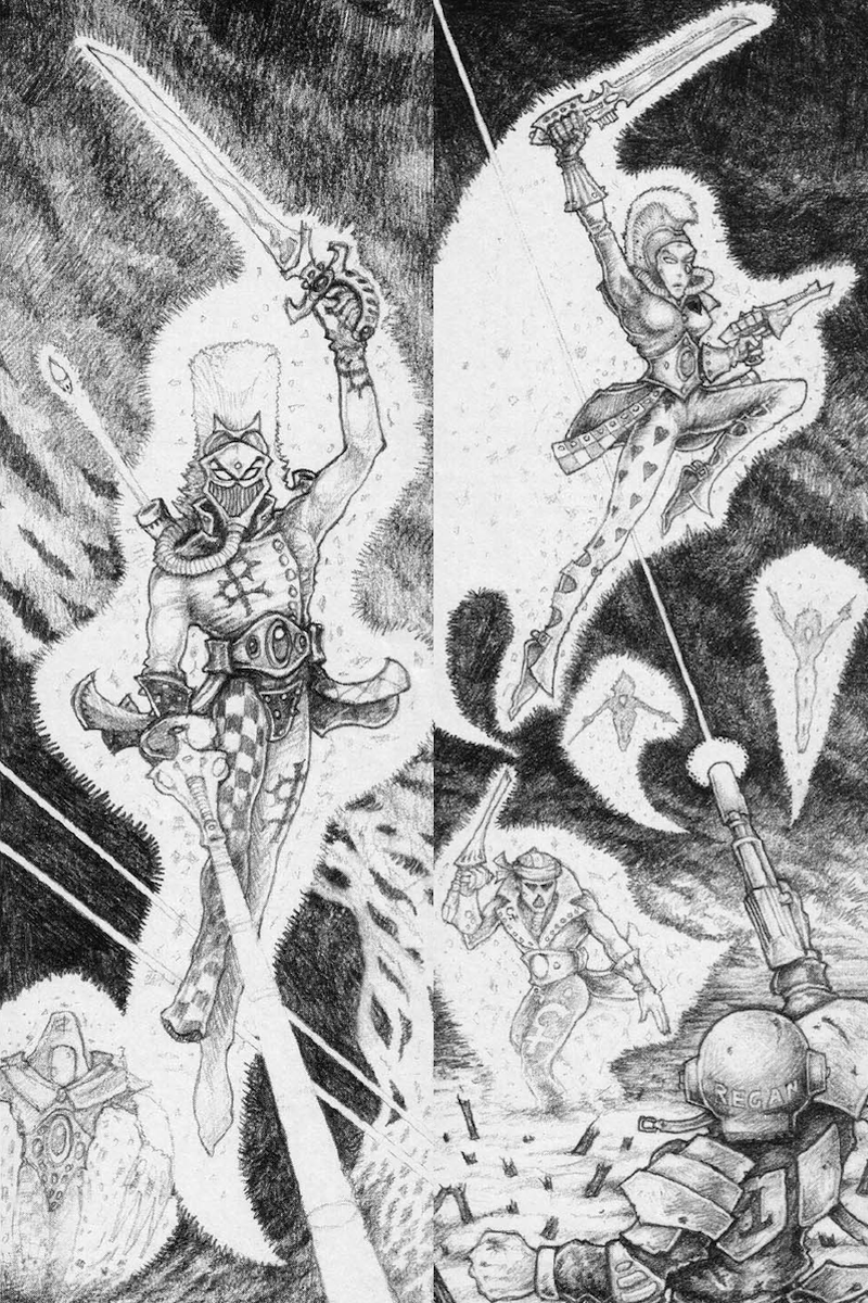 JAlN_ZAR's tweet photo. Oldhammer Harlequins, Jes Goodwin (White Dwarf 105 - Page 39 &amp; 43 - 1988) https://t.co/xYTkuXk5lT