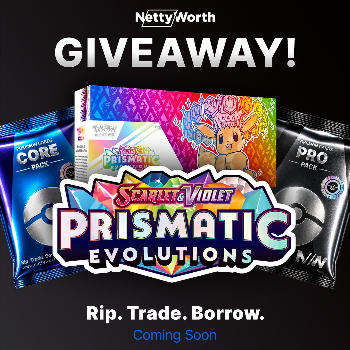 nettyworthapp's tweet photo. 🎉 POKÉMON GIVEAWAY 🎉

Rip. Trade. Borrow. is coming to @nettyworthapp.

To celebrate, we're giving away:
🥇Prismatic Evolutions Box
🥈 $150 Rip
🥉 $50 Rip

How to Enter: 
1. Follow @NettyWorthApp
2. Like & Repost
3. Tag 3 Friends

🏆Winners Announced July 4th 

No purchase necessary. Terms apply.