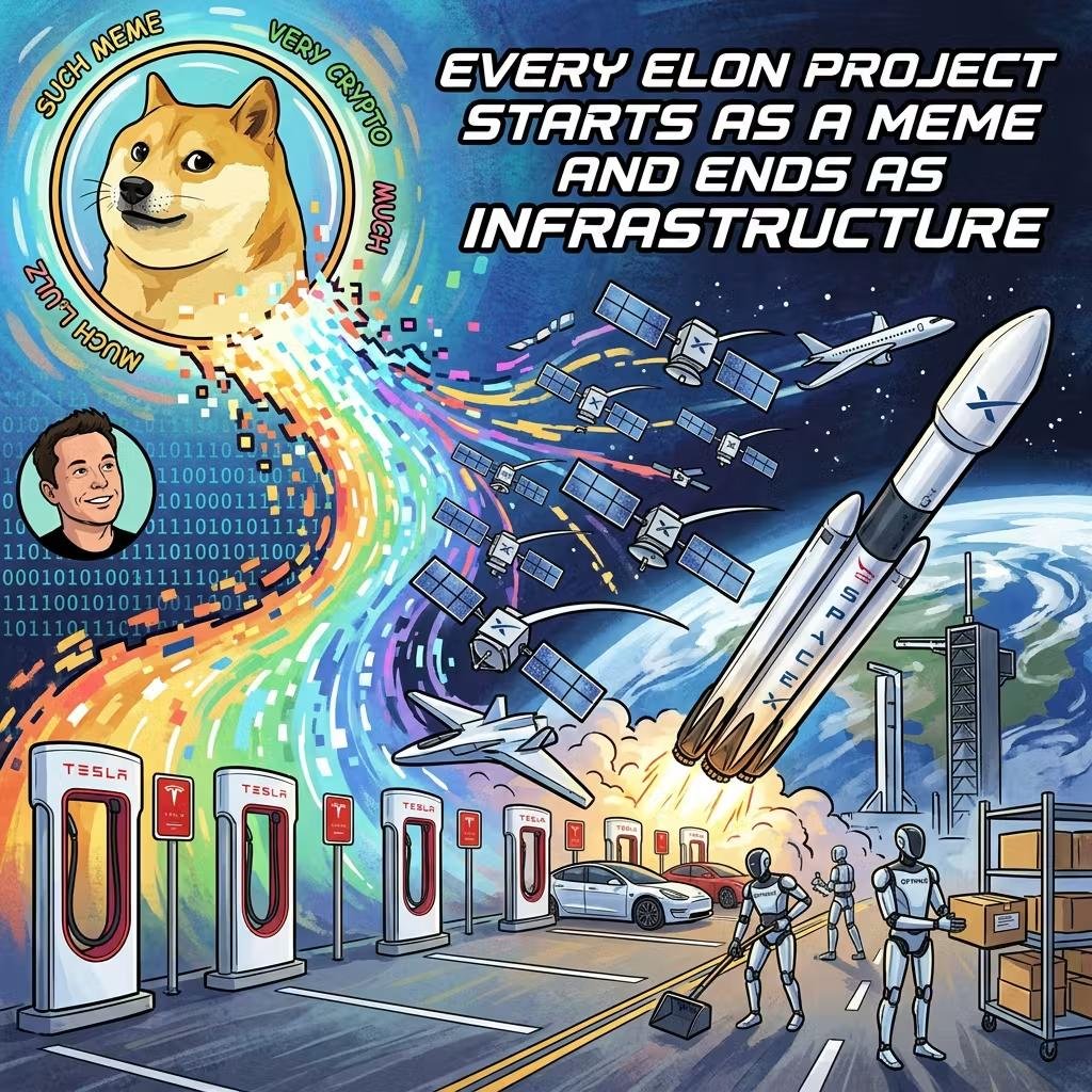 ElunMeskX's tweet photo. Every Elon project starts as a meme... until it quietly becomes critical infrastructure.

right? @elonmusk https://t.co/U2Fx9tAV0S