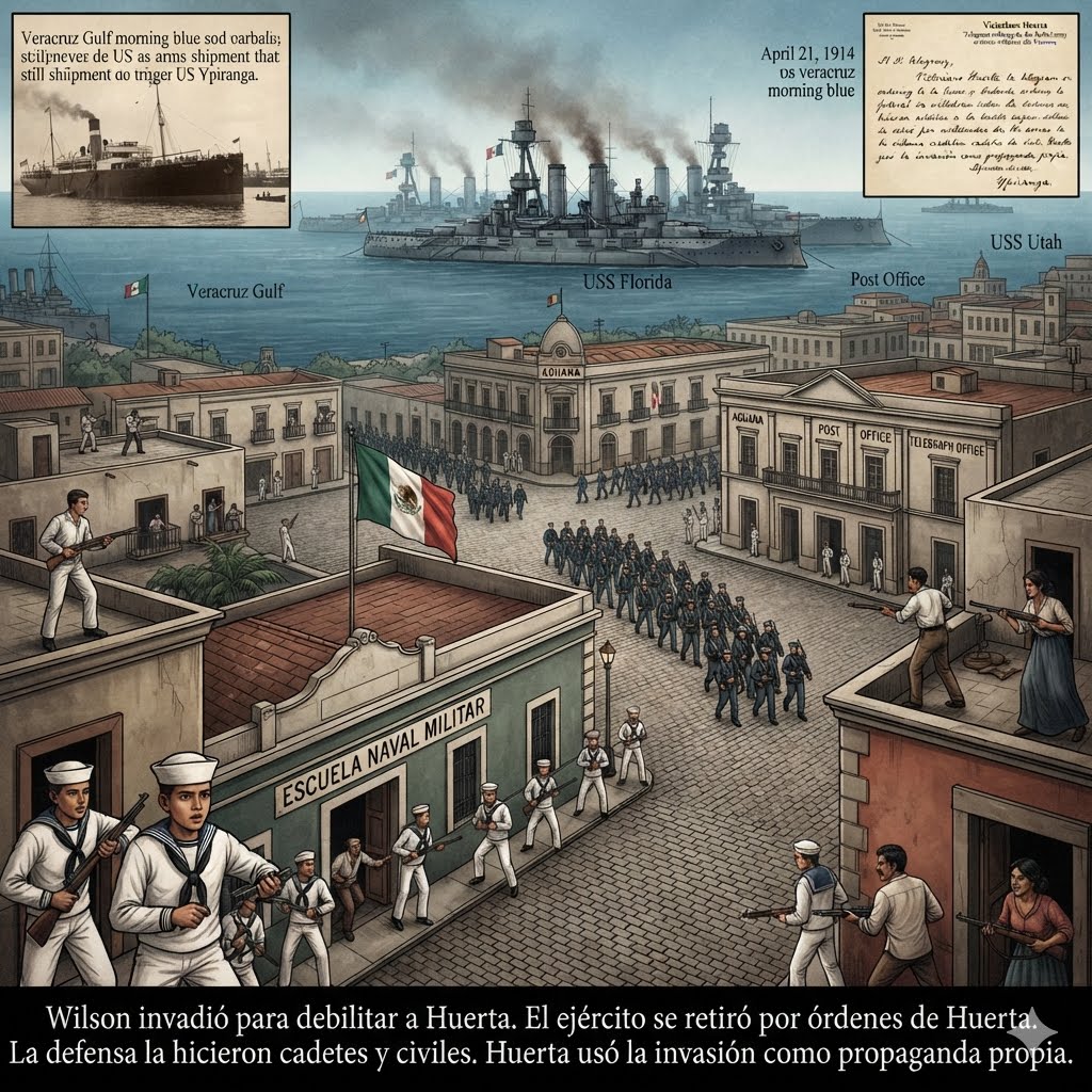 DonPorfirioDiaz's tweet photo. El 9 de abril de 1914, una trifulca menor en Tampico ocasionada por un malentendido entre marinos estadounidenses y unidades federales mexicanas dio la excusa perfecta al gobierno norteamericano para ocupar Veracruz.  El pretexto oficial era un incidente menor. La razón real era el Ypiranga. El cónsul estadounidense en Veracruz avisó a Washington que el buque mercante alemán Ypiranga llegaría al puerto el 21 de abril con un cargamento de armas destinado al gobierno de Victoriano Huerta, no reconocido por Estados Unidos. Ante esto, el presidente Wilson emitió inmediatamente la orden de tomar la ciudad.  El mismo barco que había sacado a Díaz del país tres años antes traía ahora las armas que mantendrían en el poder al hombre que asesinó al presidente que lo reemplazó. La ocupación se inició el 21 de abril de 1914 con tropas estadounidenses ocupando la aduana, la estación de ferrocarril, el correo, el consulado y otros edificios de importancia estratégica.  Sin declaración de guerra. Sin aviso previo. El ejército federal abandonó el lugar por órdenes de Victoriano Huerta, por lo que la defensa de Veracruz quedó en manos de los trabajadores del puerto, civiles, mujeres, maestras, monjas que cuidaron a los heridos, y los alumnos de la Escuela Naval Militar, que prefirieron defender su patria antes que huir.  El gobierno cuya caída Wilson buscaba ordenó al ejército retirarse, dejando que civiles y cadetes murieran defendiendo un puerto que el ejército abandonó. Aun cuando Huerta trató de sacar jugo a la ocupación norteamericana haciéndose pasar como el patriota que defendería a la patria de su gran enemigo, el hecho de que las tropas extranjeras permanecieran en Veracruz y no avanzaran tierra adentro hizo que el conflicto no escalara más.  Huerta usó la invasión como propaganda nacionalista aunque él mismo había ordenado no resistirla. Carranza se manifestó en contra del arribo extranjero y exhortó a los estadounidenses a salir de Veracruz. Se retiraron siete meses después, en noviembre.  La ironía final: la invasión que Wilson diseñó para debilitar a Huerta lo fortaleció momentáneamente como símbolo antiimperialista, pero no lo salvó. Huerta renunció a la presidencia en julio del mismo año, presionado por el avance de villistas y constitucionalistas en el norte, zapatistas en el sur y los estadounidenses en Veracruz.  La invasión que debía derribarlo fue la cereza del pastel. Ocurrió exactamente tres meses antes de que comenzara la Primera Guerra Mundial. El mundo tenía suficientes guerras para distraerse de una más.