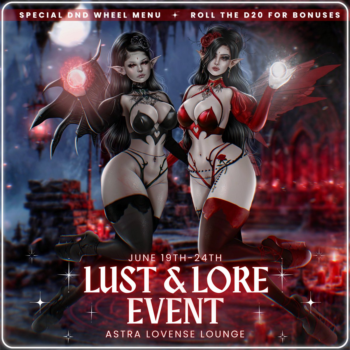AstraLoungeSL's tweet photo. 𝕷𝖚𝖘𝖙 &amp; 𝕷𝖔𝖗𝖊  
◈ SPECIAL DND WHEEL MENU 
◈ ROLL THE D20 FOR BONUSES 
◈ DARK FAE, DEMONS, ELVES, QUESTS &amp; CHAOS~ 
◈ LIMITED EVENT MENU JUNE 19TH–24TH  Come cast your desires and test your luck.  Only at 𝕬𝖘𝖙𝖗𝖆 𝕷𝖔𝖚𝖓𝖌𝖊. ↴ https://t.co/SEOTkkFPSf https://t.co/GCBQXAJr2O