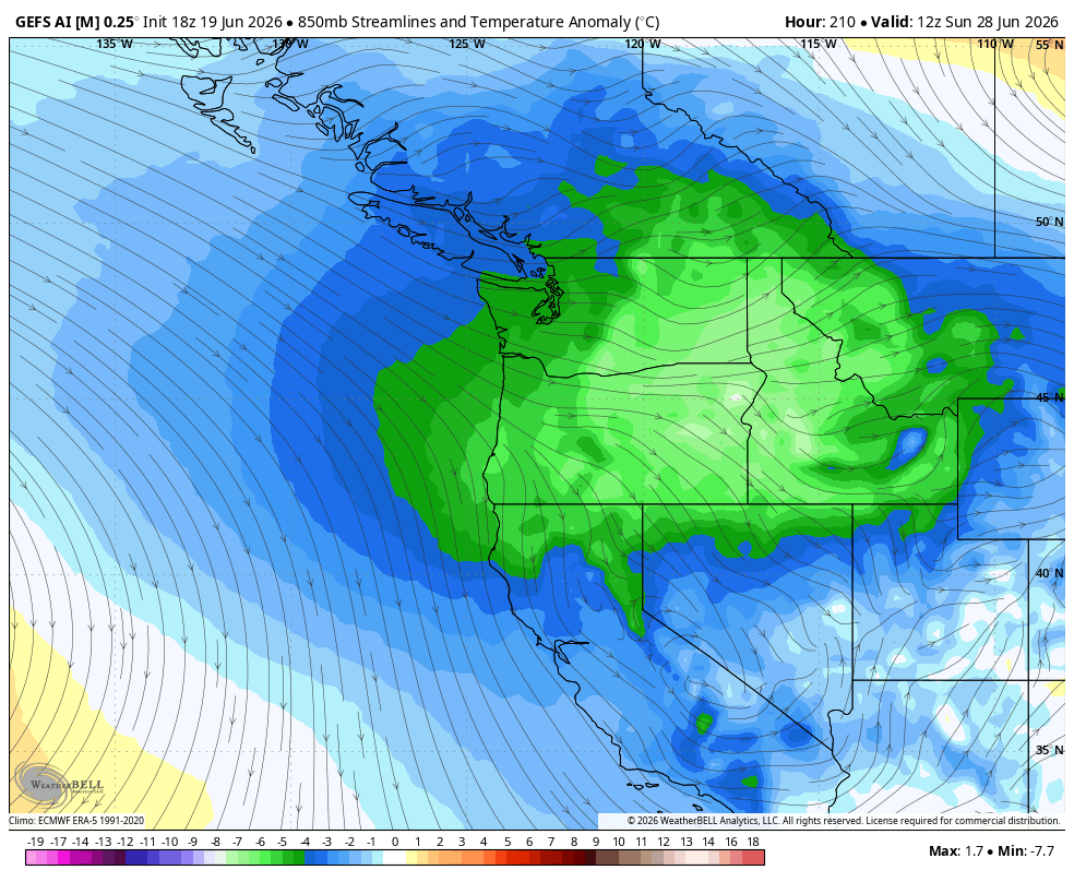 vlad_rad's tweet photo. All good things must come to an end. A brief cooldown is on the way next weekend as an upper low/trough slides down into the #PNW region, putting a pause to our warm summer like pattern. 
#BCWx #BCStormWatch #WeatherUpdate #PatternChange #WaWx #Forecast https://t.co/3GSzhy1oux