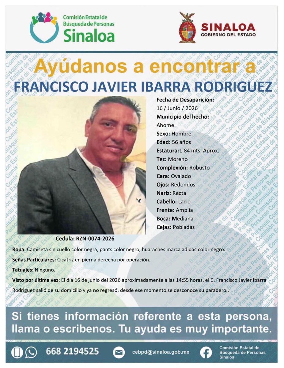 AbejorroMedia's tweet photo. Papá te estamos esperando…

Hace unas horas Ana Paula Ibarra, publicó un video con un mensaje conmovedor para suplicar ayuda.

Ella y su familia quieren localizar a su padre, el abogado Francisco Javier Ibarra Rodríguez, desparecido desde el 16 de junio en los Mochis, Sinaloa.

La ficha de búsqueda del abogado ya circula en redes sociales, y su familia no ha tenido ninguna información de él.

Por eso, Ana Paula hizo un llamado para que, en caso de que alguien lo tenga retenido, lo liberen sano y salvo.

Junto con la difusión de este video circula también la convocatoria para protestar frente a la fiscalía estatal, en los Mochis, Sinaloa, y exigir que se agilice la investigación para dar con el paradero del abogado.