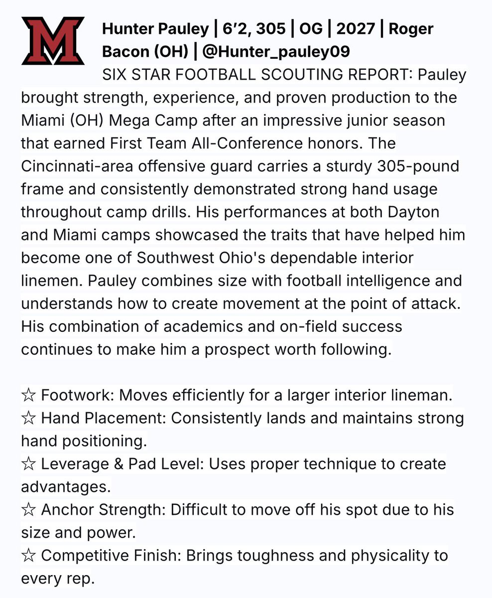 Hunter_pauley09's tweet photo. Thank you @sixstarfootball for another great write up. Ready to get to work this fall!

@RogerBaconFB @_JaredDTucker https://t.co/angX2854E9