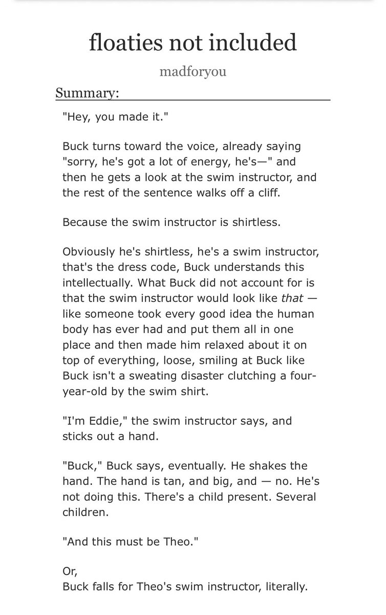 madforyouxo's tweet photo. floaties not included 

4.2k, rated ga

- swim instructor eddie
- single dad buck
- feral tornado child theo
- chris is there, too, enjoying the show
- a buddietheochris fic yippee
- fluff and humor

🔗https://t.co/H0rIsXPxQ2 https://t.co/sY1NRzNMwe