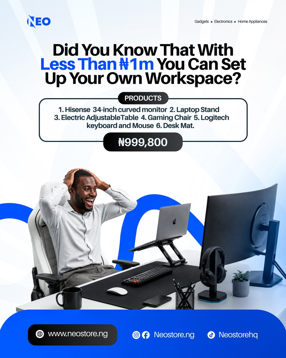 neo_officialll's tweet photo. Thank you so much for trusting NeoStore.

Ladies and Gentlemen, no matter how sophisticated the setup may be, bring it to https://t.co/7vCPnmy9VE and we'll help make it a reality for you down to the very last detail.

Infact with less than N1m, you can have your own workspace.😊 https://t.co/dcwEXjaJ82