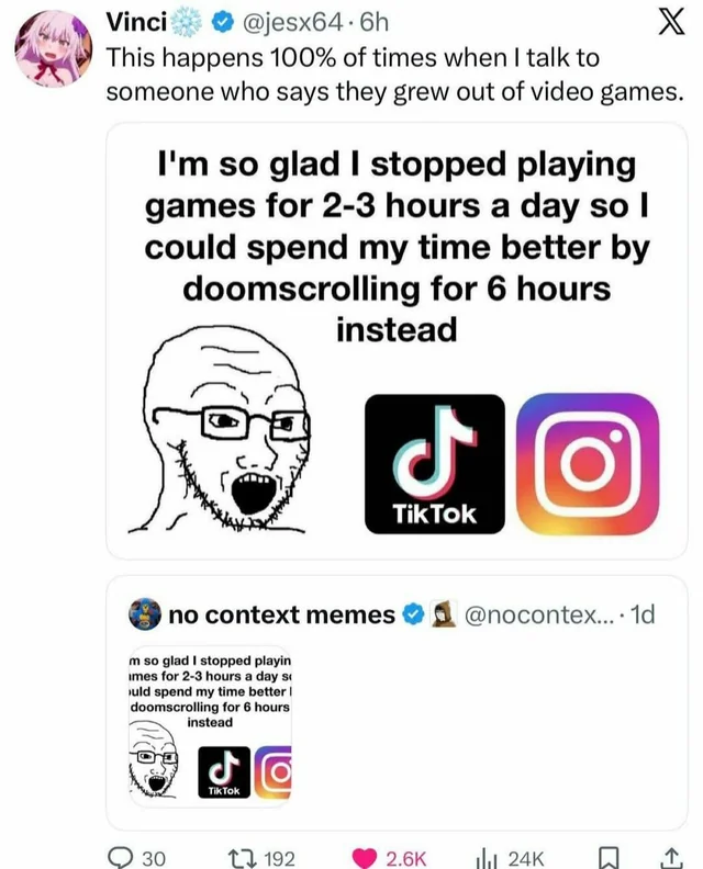 VinciRSS's tweet photo. "Serious people" got brainwashed into thinking that fun nerdy stuff is for kids, but they never got told what they actually should be doing. Since doomscrolling is socially acceptable, they end up doomscrolling. 

Btw, if you kill the inner-child, you will kill your happines. https://t.co/eXIoCacpyt