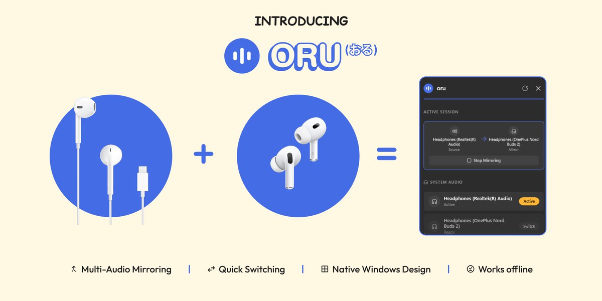 Reysurrect's tweet photo. Wanted to watch a movie with a friend but realized Windows won't output to wired &amp; wireless headphones at the same time...

So I built Oru 🎧

It's a lightweight tray app that mirrors your system audio to multiple devices instantly with one click.

And I open sourced it👇 https://t.co/vvWRmVukLy