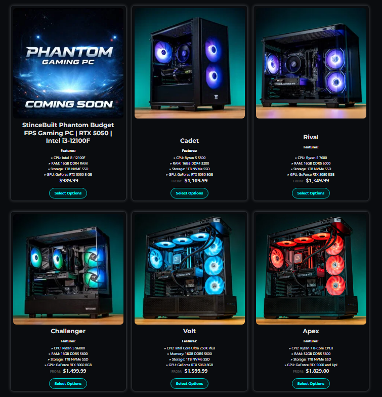 StinceBuilt's tweet photo. One of our goals this year was to make it easier and faster for customers to get a Stince Built PC in their hands.

We've spent the last several months working with our partners to develop a lineup of systems that we can consistently build and ship quickly without sacrificing quality.

We're excited to officially have 8 Signature Systems live on the website and ready to order!💪🏻