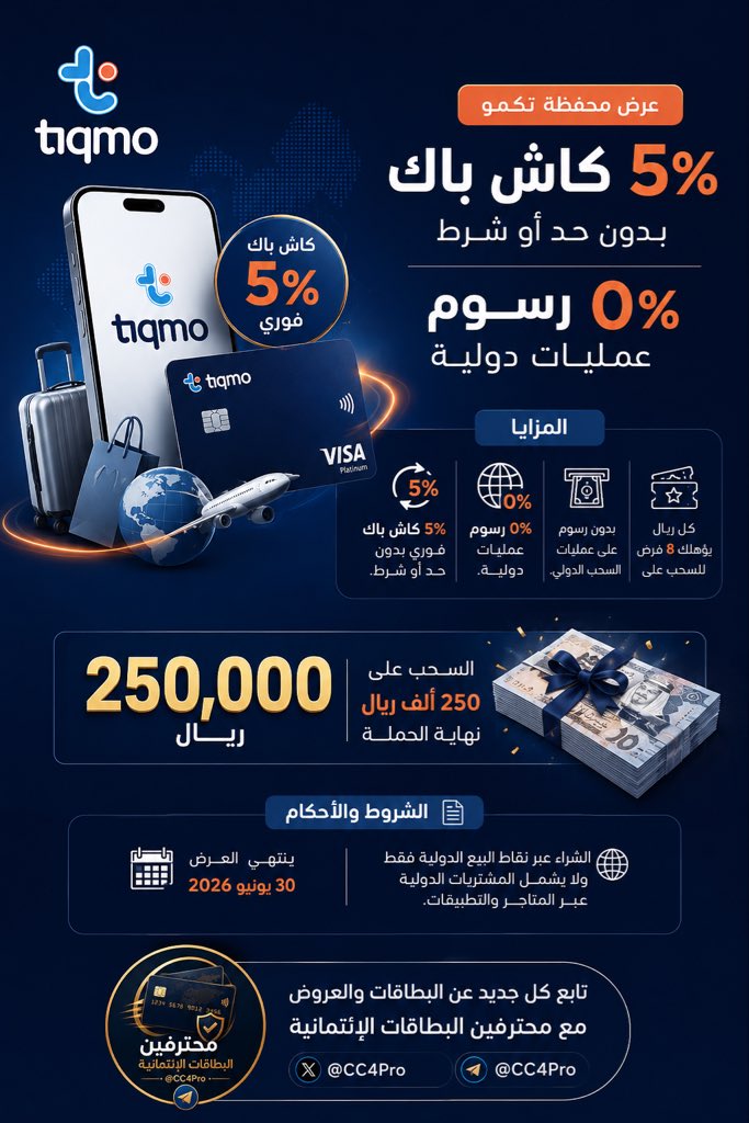 CC4Pro's tweet photo. 5٪ كاش باك بدون حد أو شرط و 0٪ رسوم عمليات دولية.

@tiqmo تكمو تشعل المنافسة قبل بداية الصيف

- 5٪ كاش باك فوري بدون حد أو شرط
- 0٪ رسوم عمليات دولية
- بدون رسوم على عمليات السحب الدولي

- ينتهي العرض 30 يونيو 2026
- الشراء عبر نقاط البيع فقط ولايشمل المشتريات الدولية عبر المتاجر https://t.co/1UnHSdGVyI