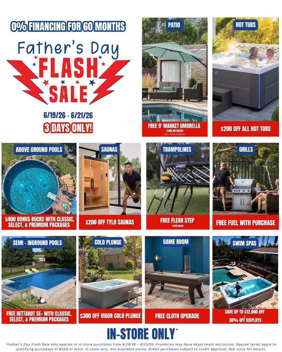 AmericanSale's tweet photo. FATHER’S DAY FLASH SALE – 3 DAYS ONLY!

Celebrate Dad with our biggest savings of the season! ⁠
⁠
☑️ Save up to 50% OFF storewide⁠
☑️ 0% Financing for 60 Months ⁠
☑️ Limited-Time Deals Dad will love⁠
⁠
6/19/26 - 6/21/26 https://t.co/SLFVkuT9nM