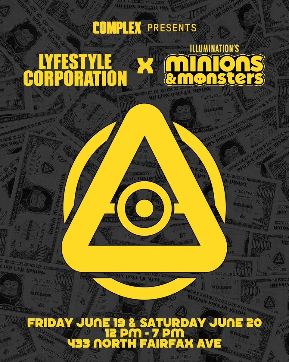 iNCREDiPiNOY's tweet photo. Yeat’s Million Dollar Minion Pop-Up Experience on June 19-20 from 12pm-7pm @ Complex LA, celebrating his song in the new Minions movie. Shop exclusive artist merch &amp; music. #MinionsandMonsters #YEAT #ComplexLA

433 N Fairfax Ave
Los Angeles, CA 90048

RSVP https://t.co/sCrkV4Pa8B https://t.co/QbBK3veZi5