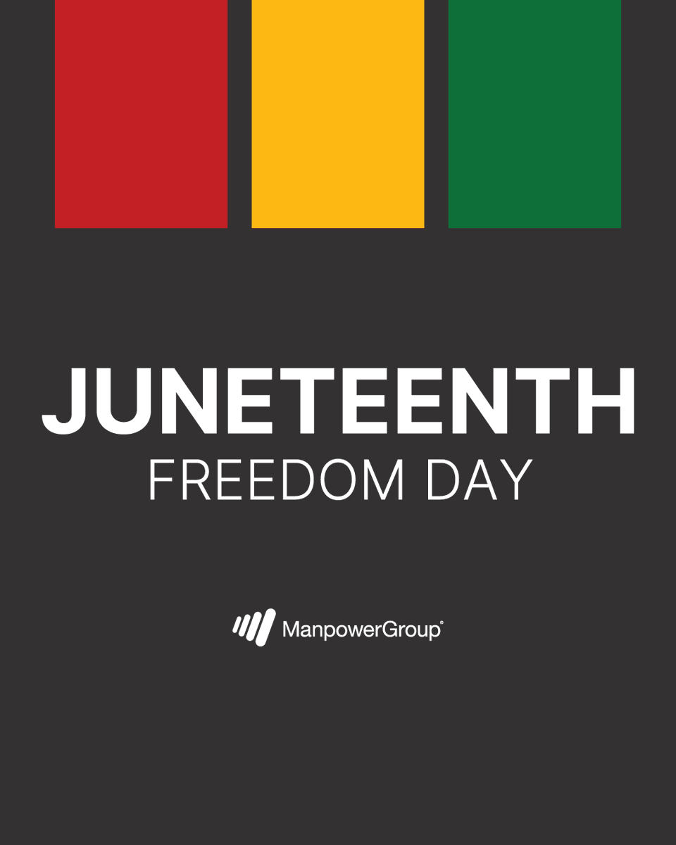 rightmanagement's tweet photo. Today we honor Juneteenth—a day of reflection and celebration. We recognize the importance of belonging and the ongoing work to advance equity and inclusion. At #ManpowerGroup, we’re committed to a world of work where everyone can thrive. #Juneteenth #Belonging #Inclusion https://t.co/Mkob9YV1hR