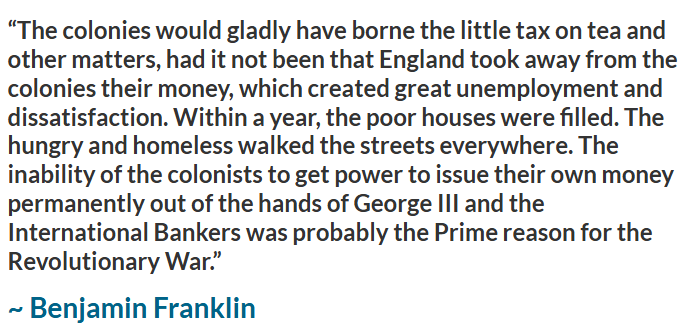 CoreyDeanA's tweet photo. @DefiantLs Yea, he's wrong! Revolution wasn't about a tax per say, it was about colonial scripts being taken and the Bank of England (central bank) taking over the colony economy! They didn't teach you this, because you would then understand root cause of your problems! https://t.co/bkZcW4DmsM
