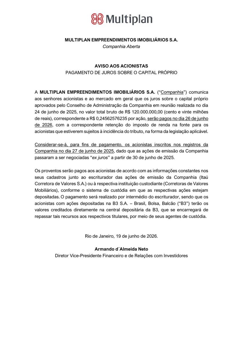 AvisosDaBolsa's tweet photo. MULTIPLAN - EMPREEND IMOBILIARIOS S.A. - Pagamento de Juros sobre o Capital Próprio #MULT3 #PAGAMENTO https://t.co/TRGYGdUKa3