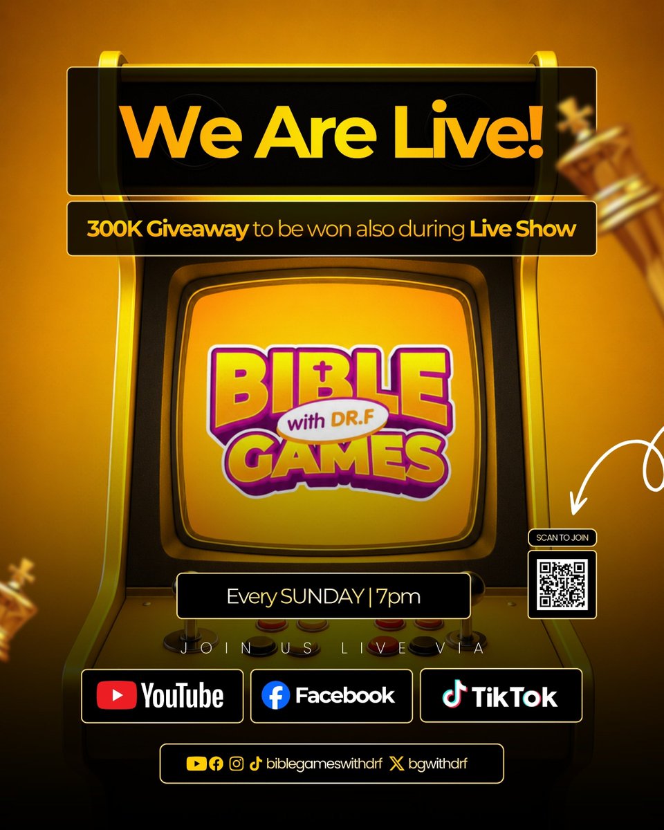 bgwithdrf's tweet photo. Get ready to join us on the Live Show this Sunday for another exciting episode of Bible Games With Dr.F

Day: Every Sunday

Venue: Bible Games App, Facebook, Tiktok and YouTube.

Time: 7pm prompt.

➡️ We will also be giving out 300k to our live viewers on the show so don't miss it.

Save the date😘