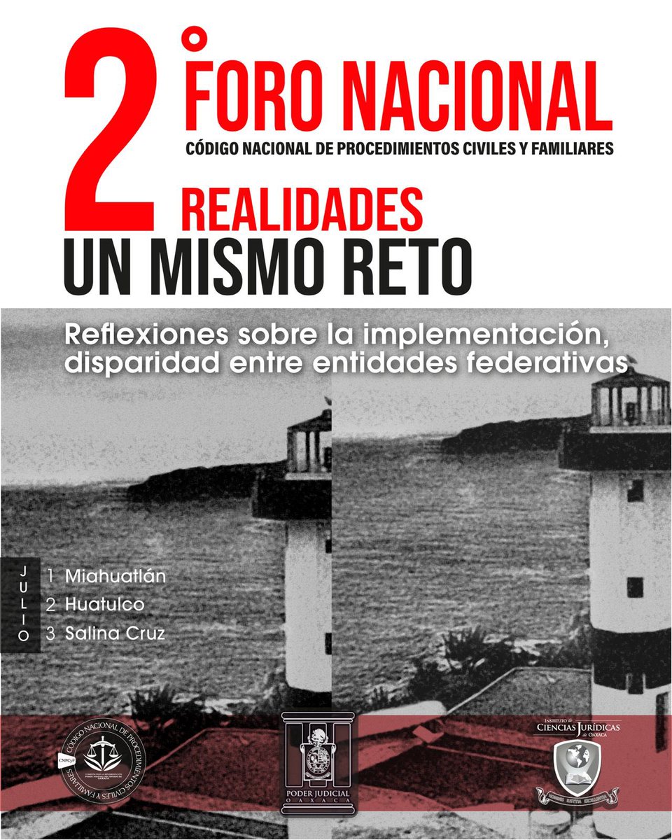 tsjoaxaca's tweet photo. ¿Ya estás listo para el Segundo Foro Nacional con enfoque regional?

"Dos realidades, un mismo reto: reflexiones sobre la implementación, disparidad entre entidades federativas"

La Comisión para la Implementación del Código del PJEO te invita a ser parte de este diálogo fundamental para el futuro de la justicia en México. 

Prepara tu agenda, aparta las fechas y mantente atento, porque pronto te daremos más información.

🗓️1, 2 y 3 de julio. 

📍Tres sedes estratégicas: Miahuatlán, Huatulco y Salina Cruz.

¿Te lo vas a perder?