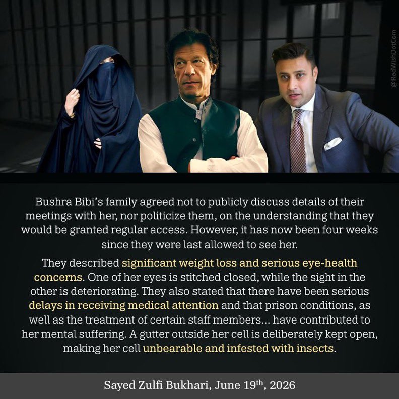 PTIofficial's tweet photo. Imran Khan's wife Bushra Khan is being tortured by Pakistan's military regime in an attempt to break his resolve. Subjecting a woman to such deliberate mental and physical torture is abhorrent and immoral, not just illegal. 

@sayedzbukhari's statement about her health and the conditions of her illegal, politically motivated detention sound an urgent alarm. Bushra Khan must be taken to hospital and provided professional medical care immediately.

#JusticeForBushraBibi
