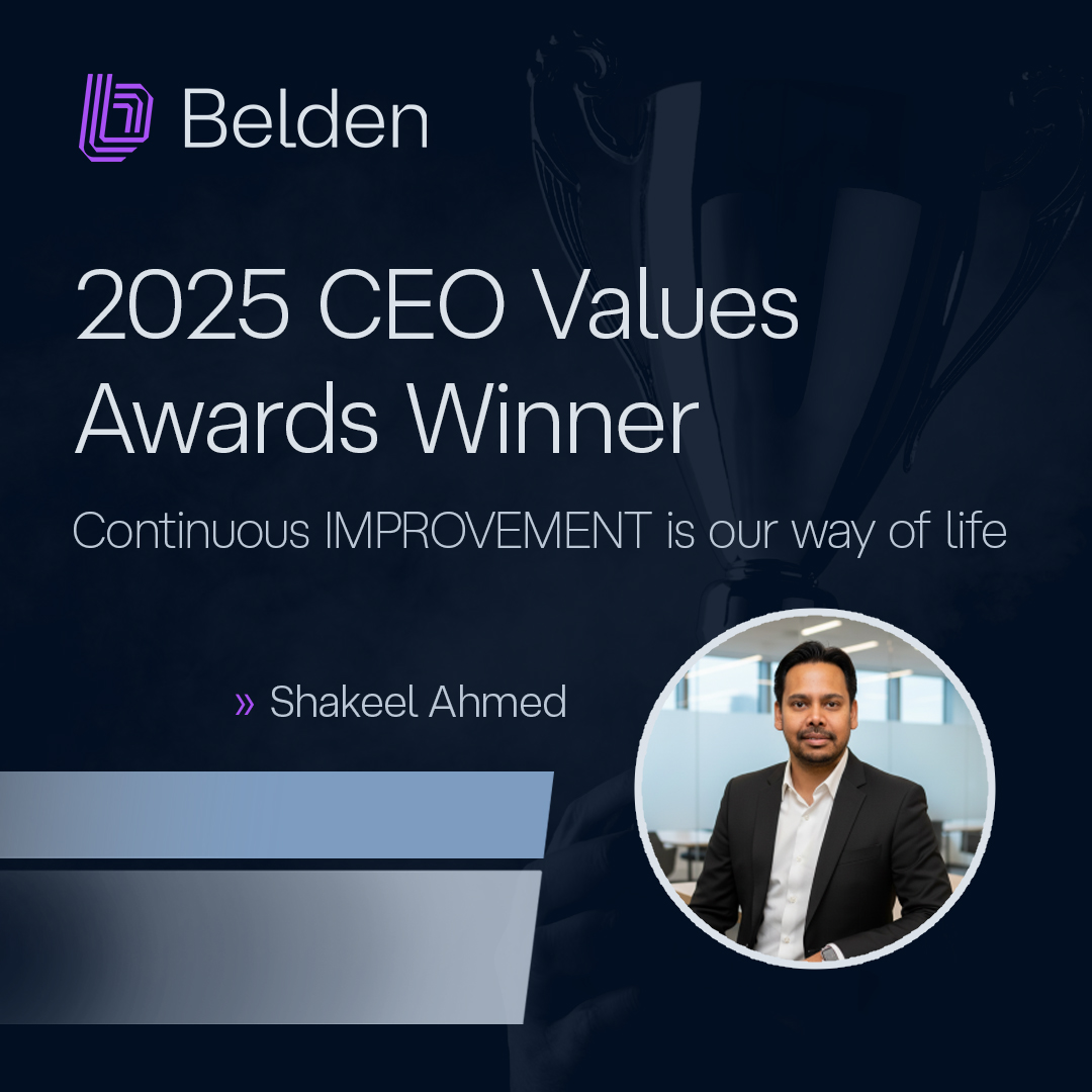 BeldenInc's tweet photo. At Belden, #CreatingPossibilities is how we show up—connecting people, info & ideas. Congrats to Shakeel Ahmed, winner of the #CEOValuesAwards for #ContinuousImprovementIsOurWayOfLife—driving ~22% less revenue risk and stronger resilience. #ConnectToWhatsPossible https://t.co/wXyGdDDRod